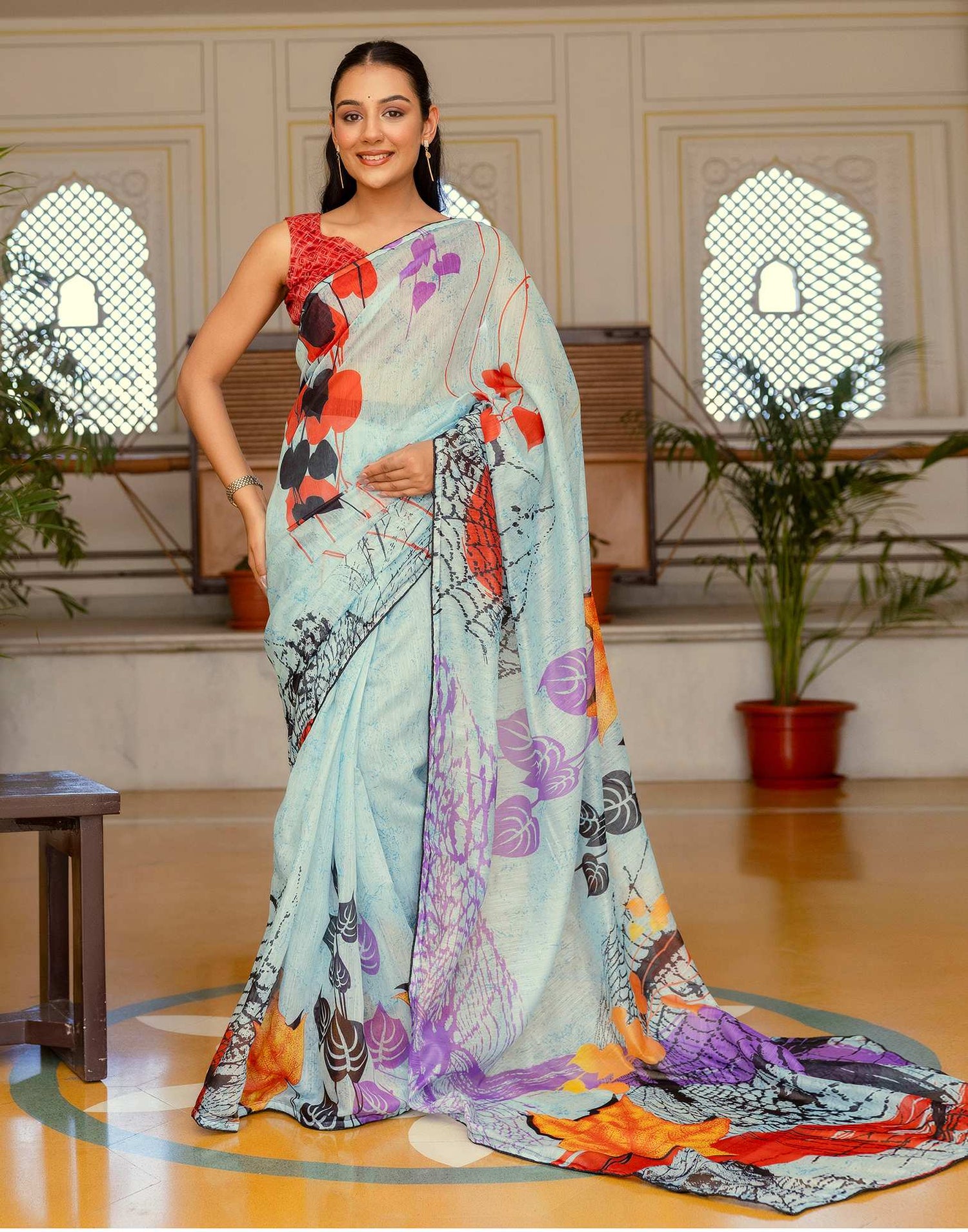 Ready To Wear Sea Green Cotton Floral Printed Saree