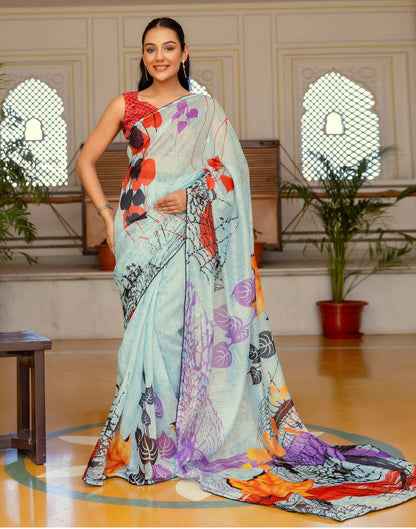 Ready To Wear Sea Green Cotton Floral Printed Saree