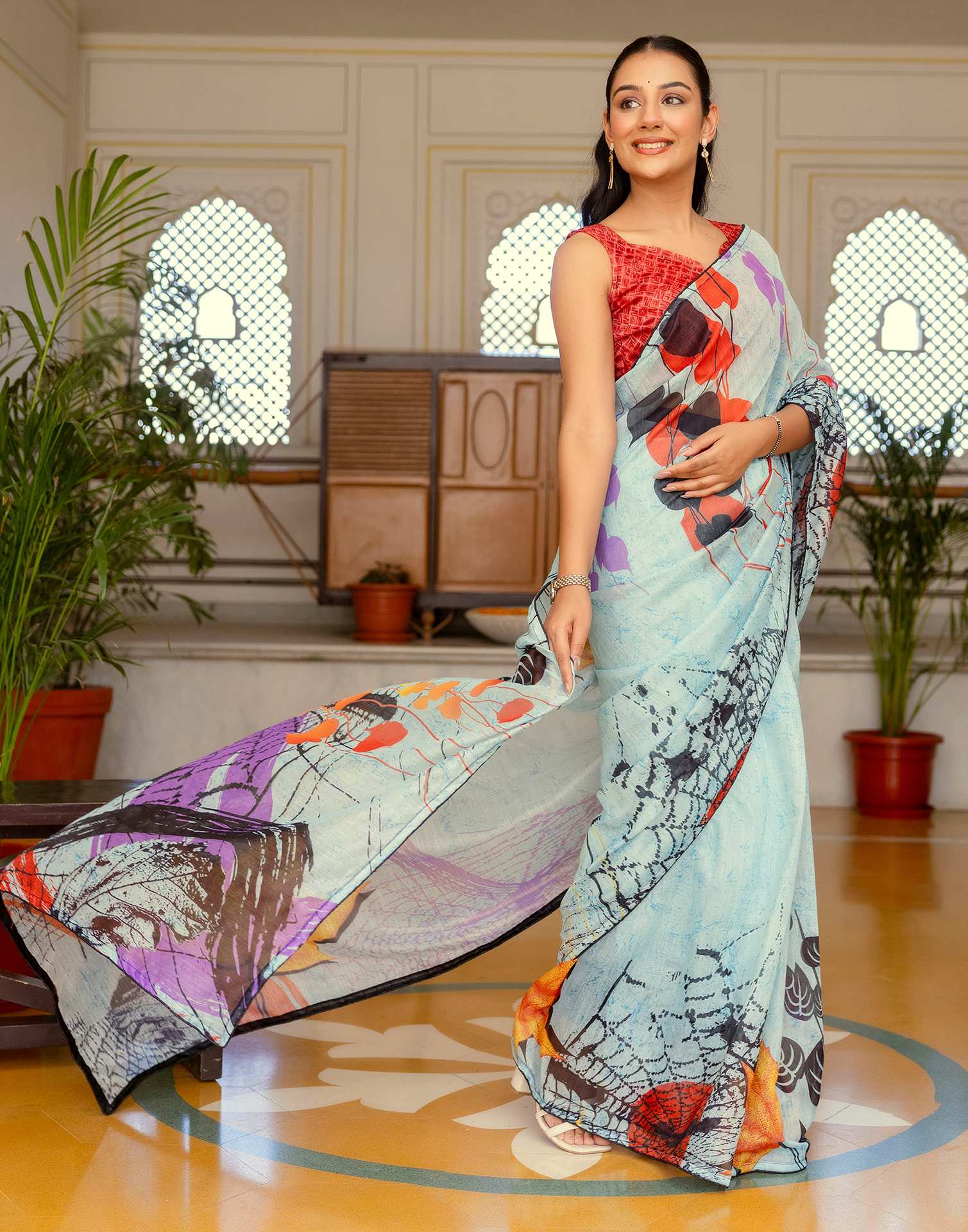 Ready To Wear Sea Green Cotton Floral Printed Saree