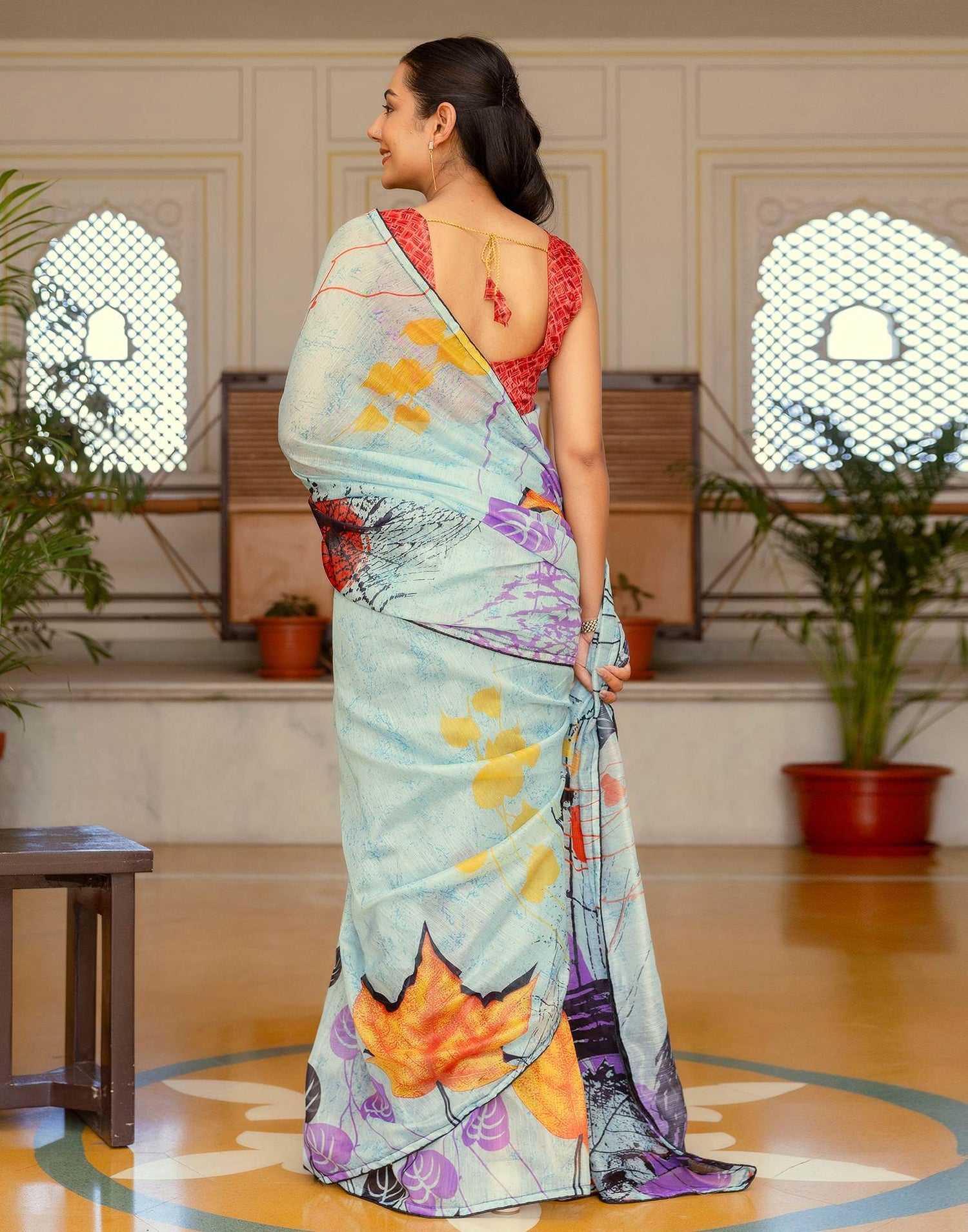 Ready To Wear Sea Green Cotton Floral Printed Saree