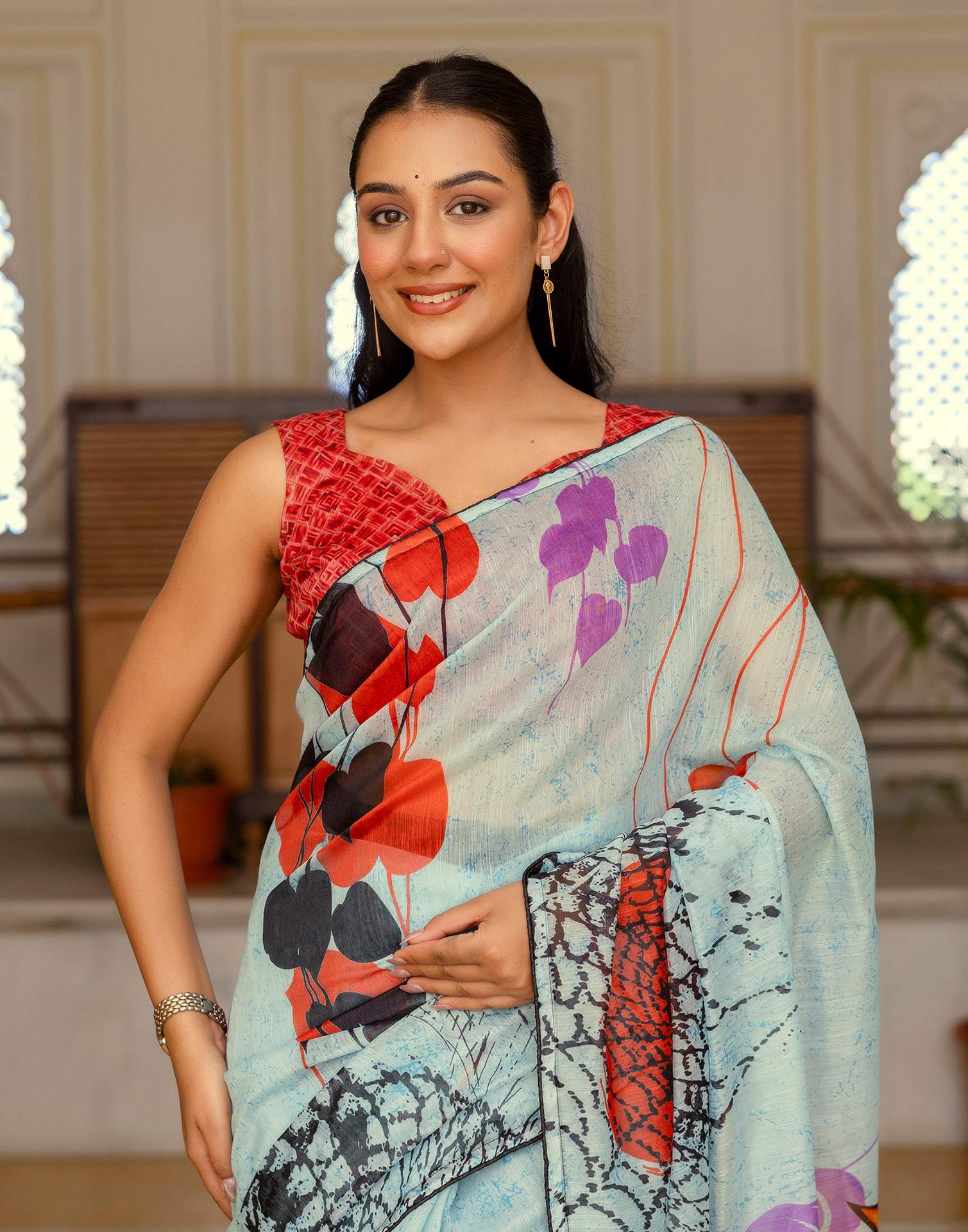Ready To Wear Sea Green Cotton Floral Printed Saree