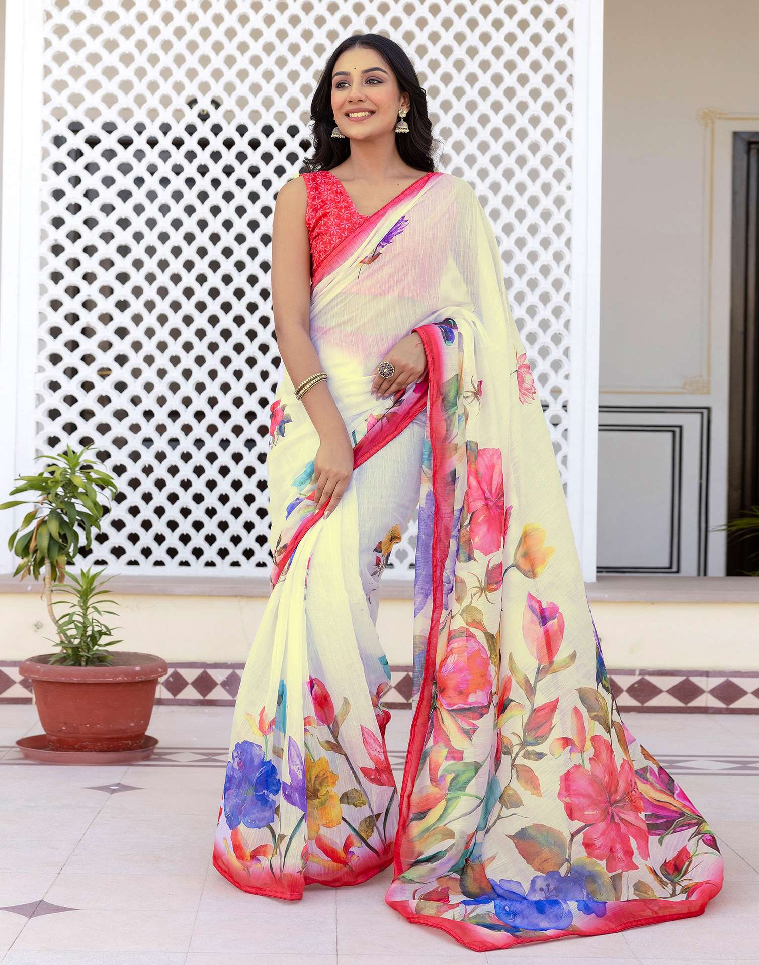 Ready To Wear White Cotton Floral Printed Saree
