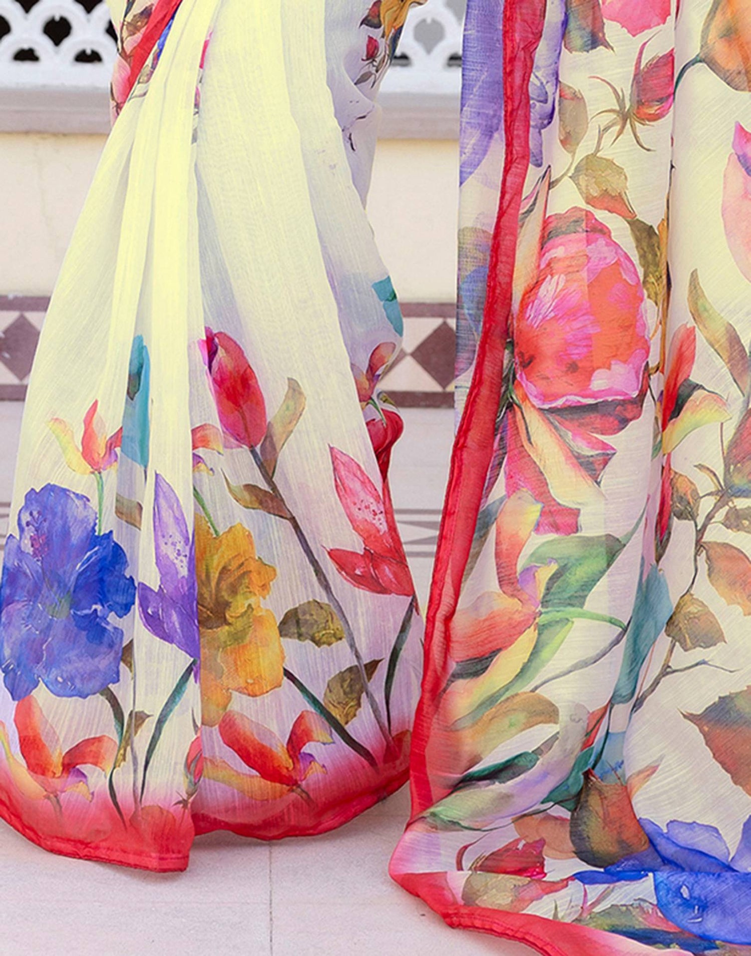 Ready To Wear White Cotton Floral Printed Saree