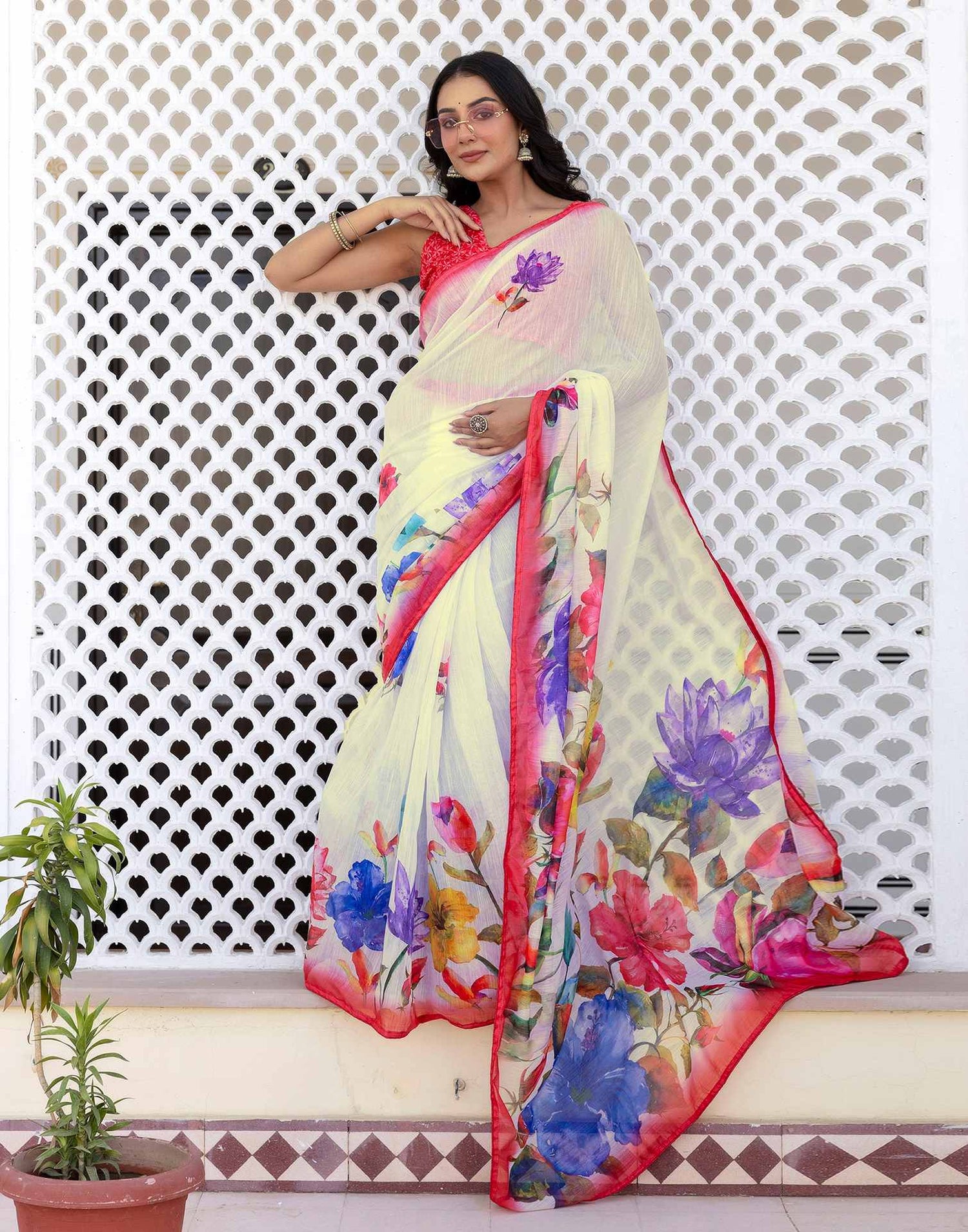 Ready To Wear White Cotton Floral Printed Saree