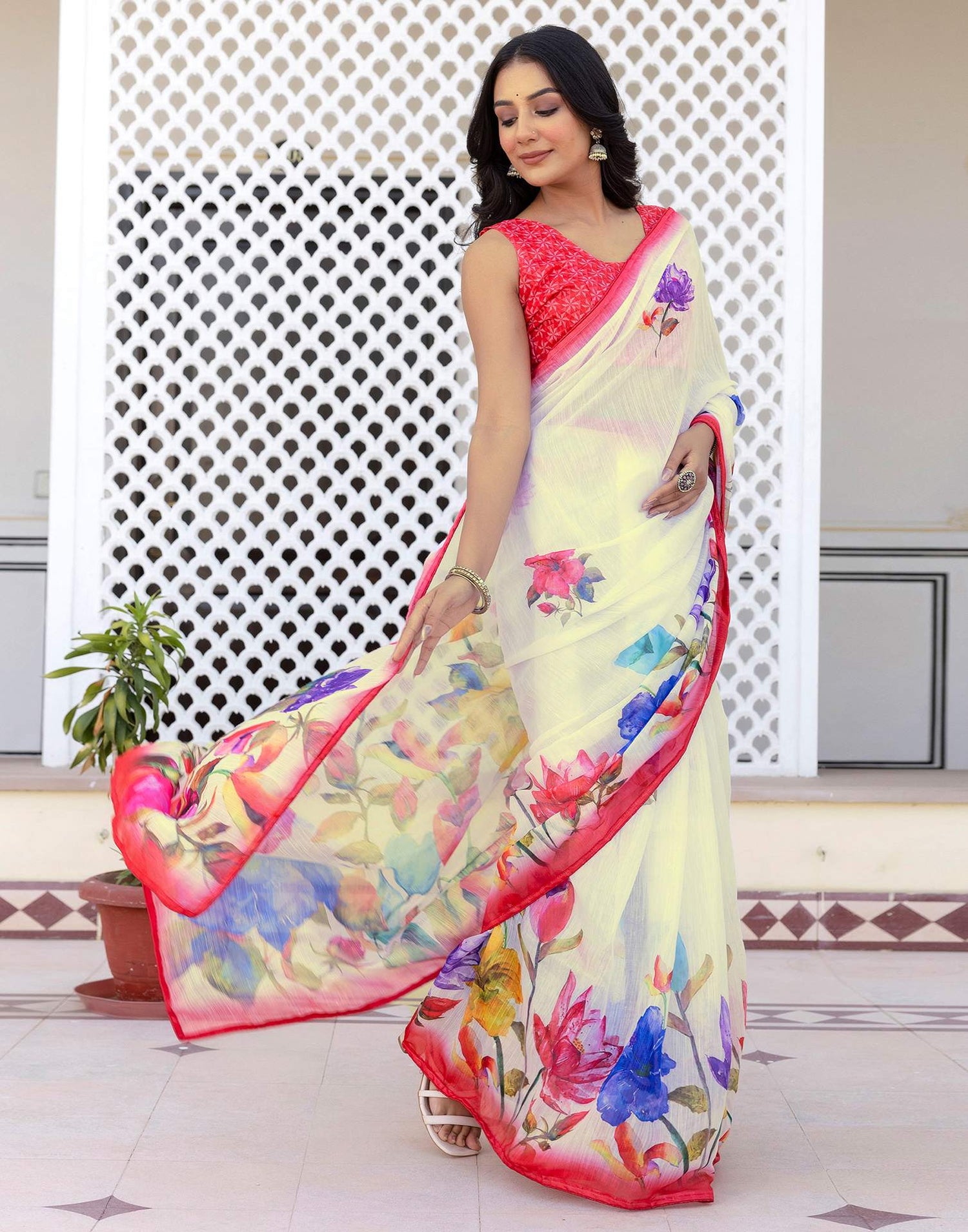 Ready To Wear White Cotton Floral Printed Saree