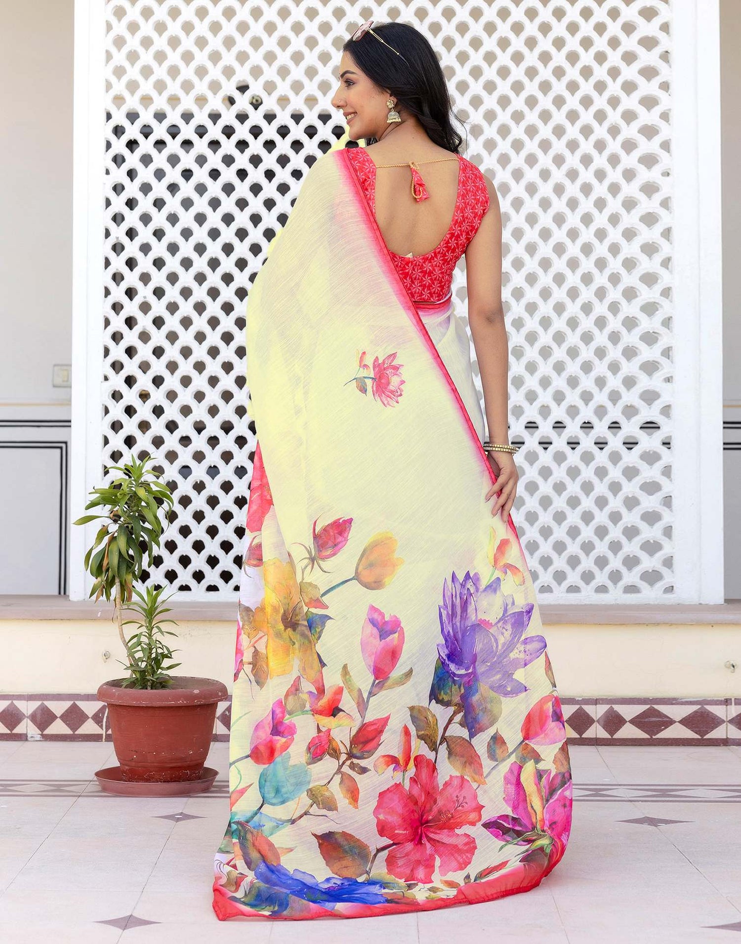 Ready To Wear White Cotton Floral Printed Saree