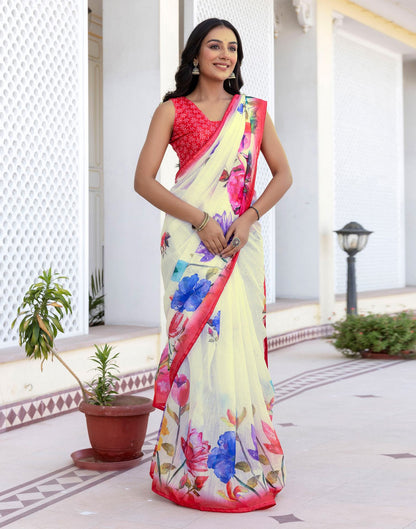 Ready To Wear White Cotton Floral Printed Saree
