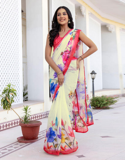 Ready To Wear White Cotton Floral Printed Saree