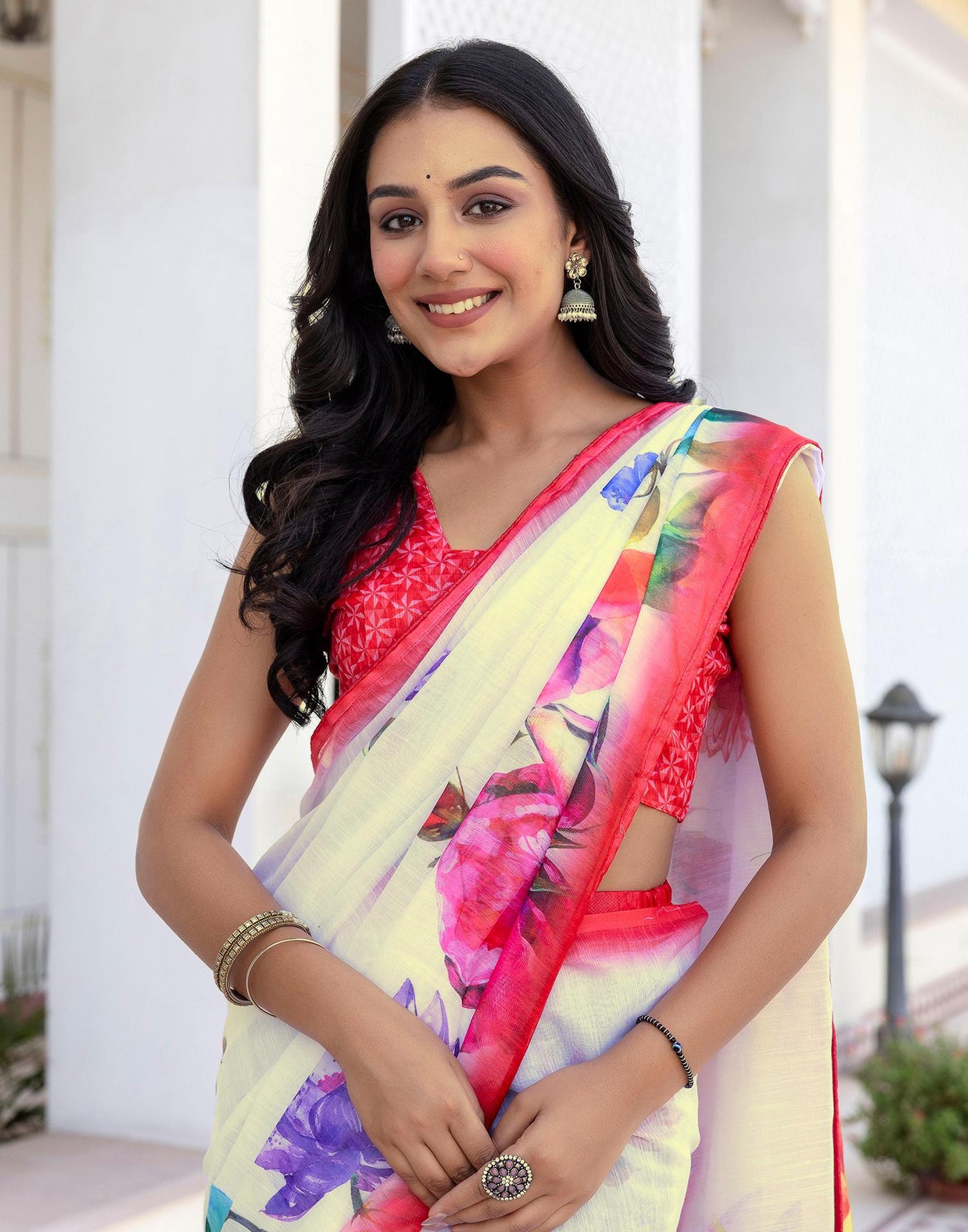 Ready To Wear White Cotton Floral Printed Saree