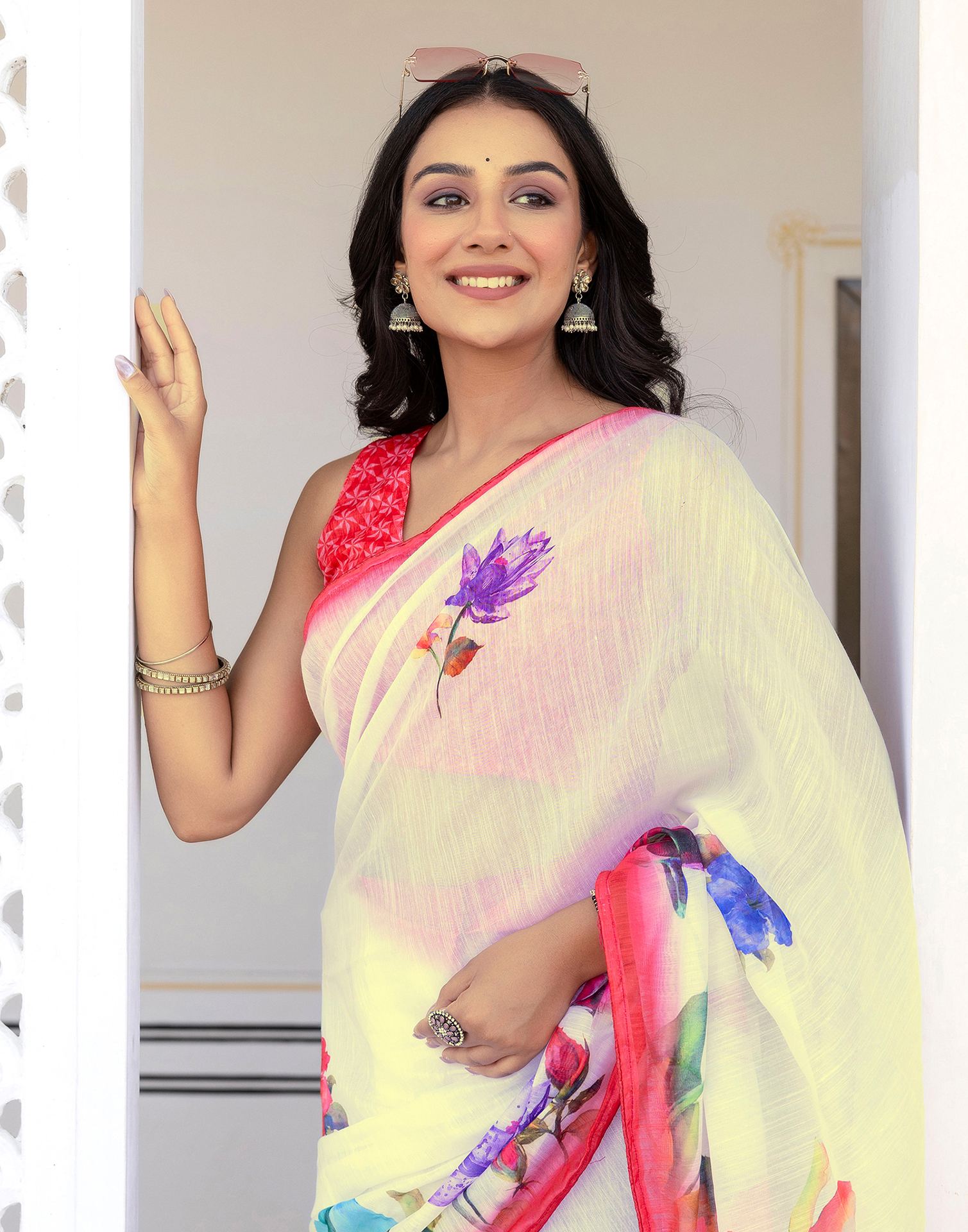 Ready To Wear White Cotton Floral Printed Saree