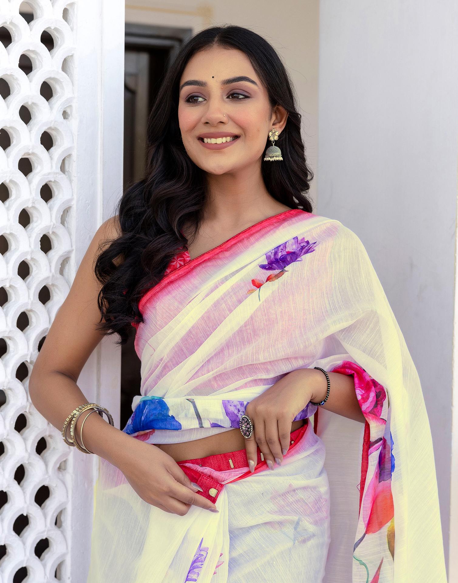 Ready To Wear White Cotton Floral Printed Saree