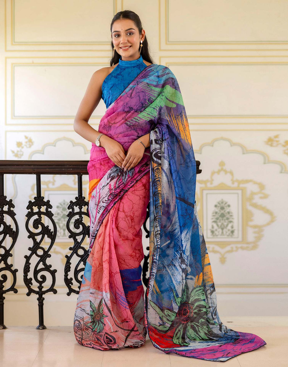 Ready To Wear Multicoloured Cotton Floral Printed Saree