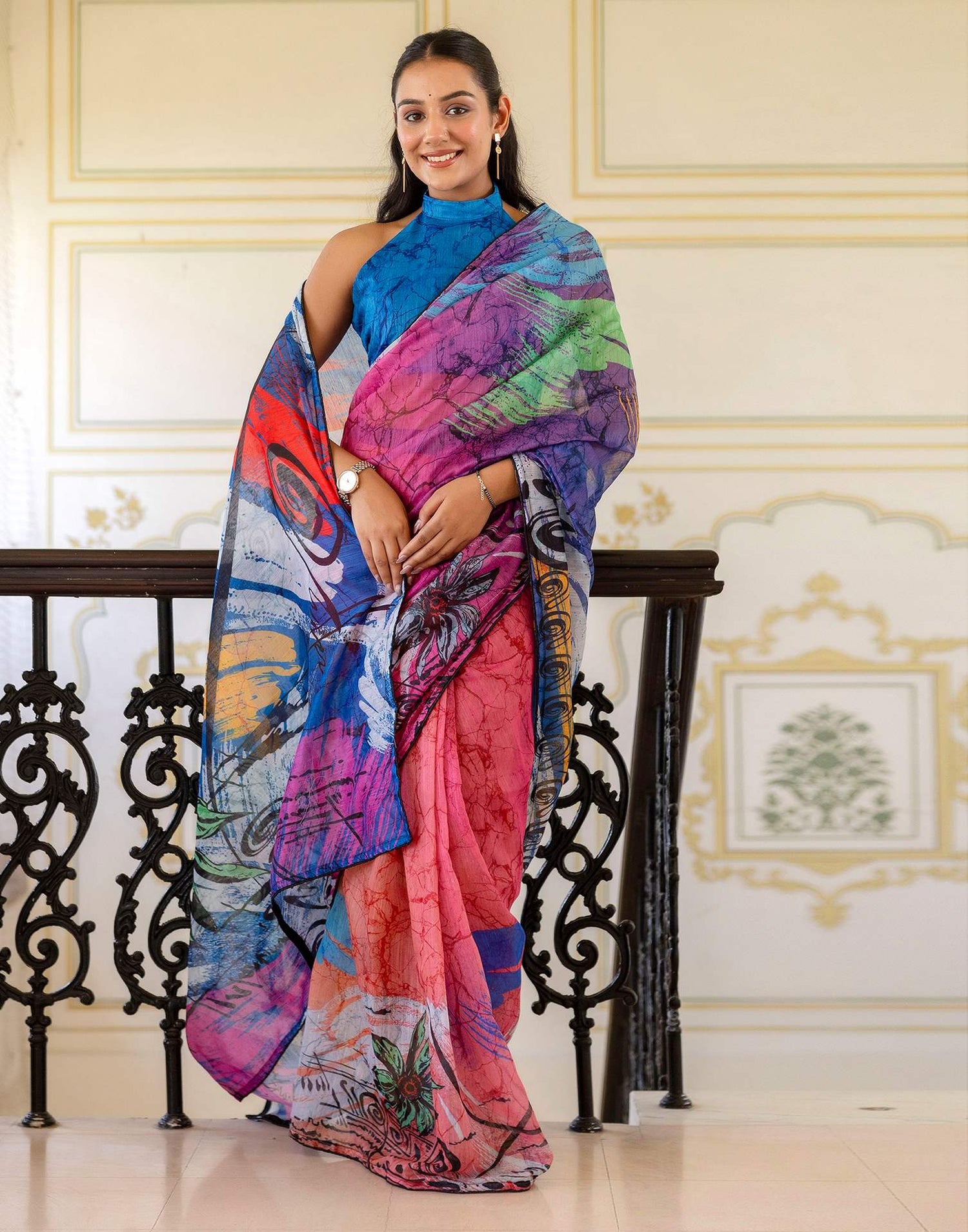 Ready To Wear Multicoloured Cotton Floral Printed Saree
