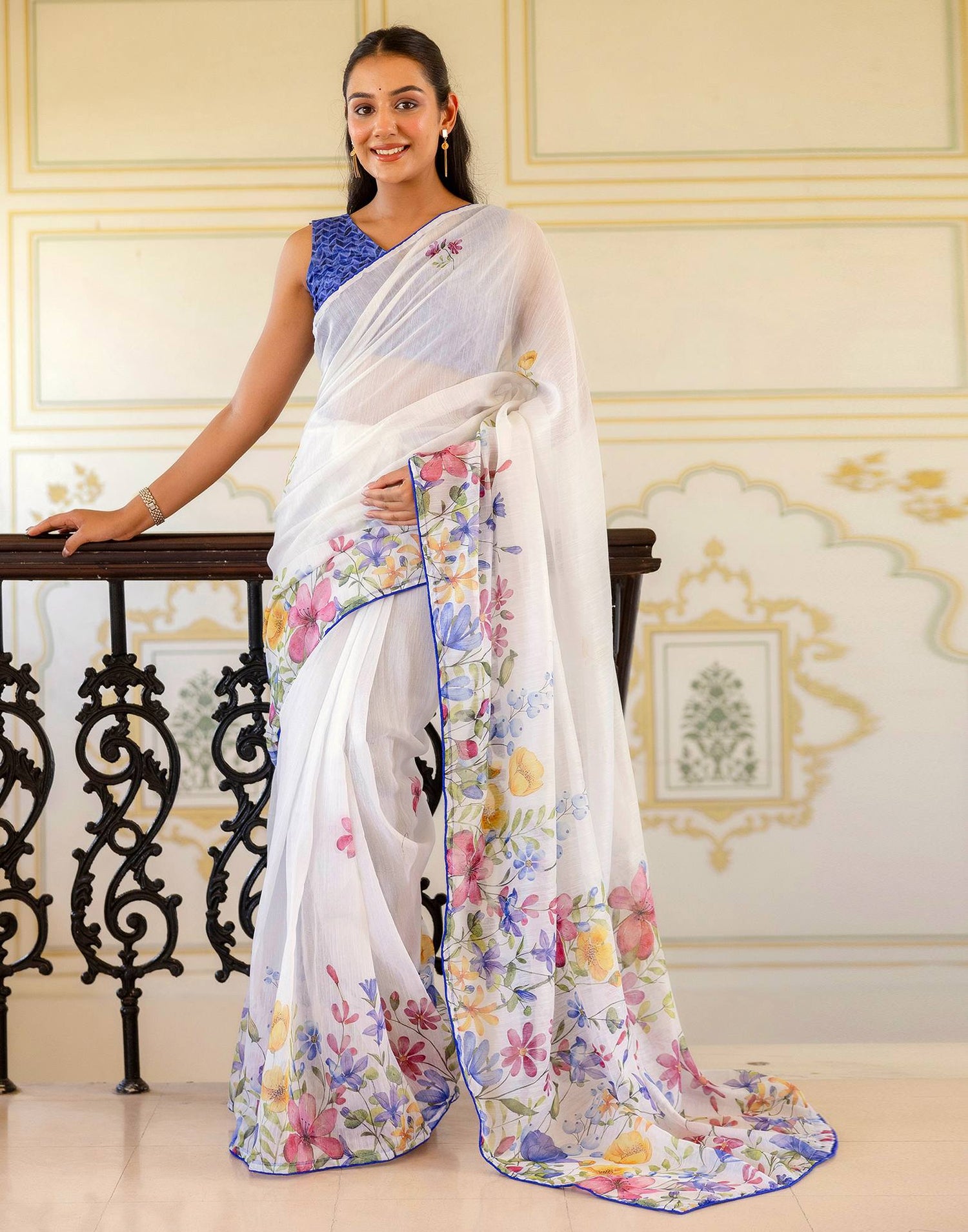 Ready To Wear White Cotton Floral Printed Saree