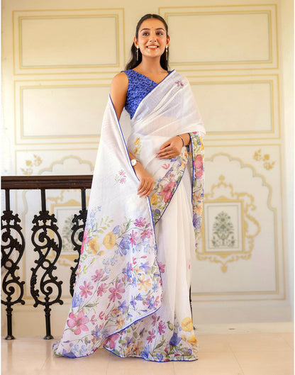 Ready To Wear White Cotton Floral Printed Saree