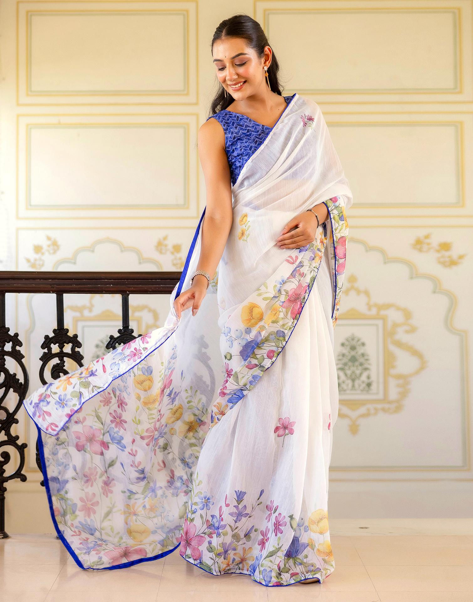 Ready To Wear White Cotton Floral Printed Saree