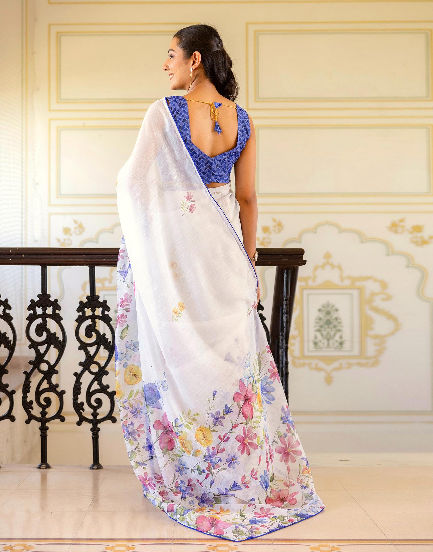 Ready To Wear White Cotton Floral Printed Saree
