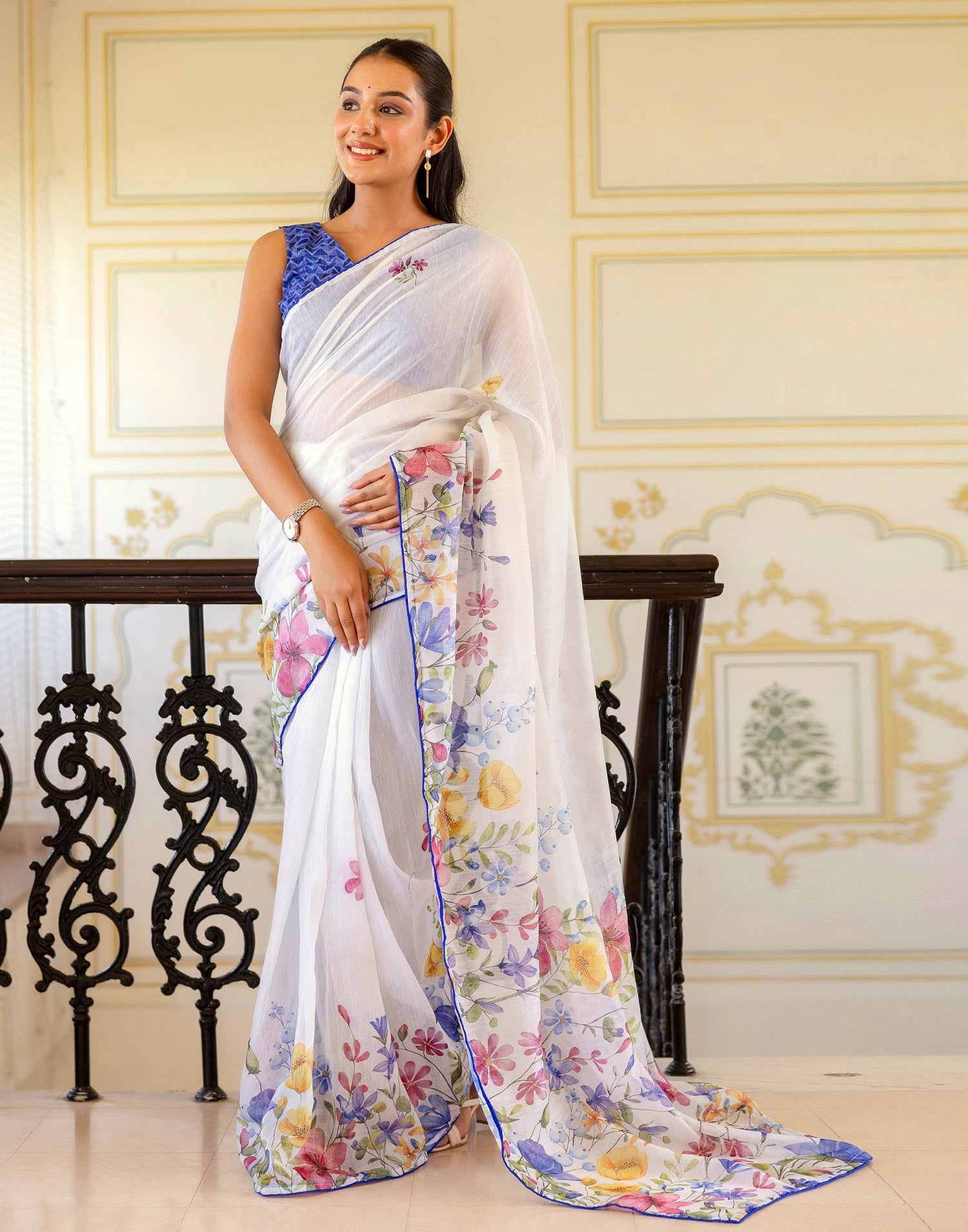 Ready To Wear White Cotton Floral Printed Saree