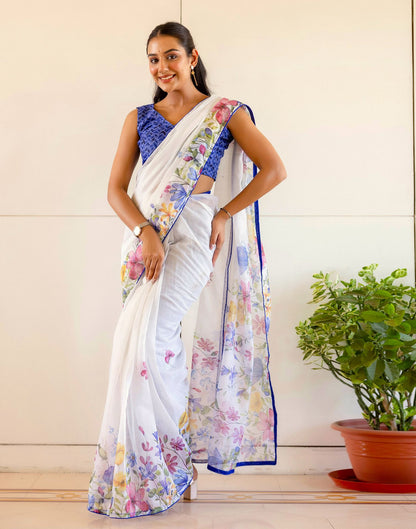 Ready To Wear White Cotton Floral Printed Saree