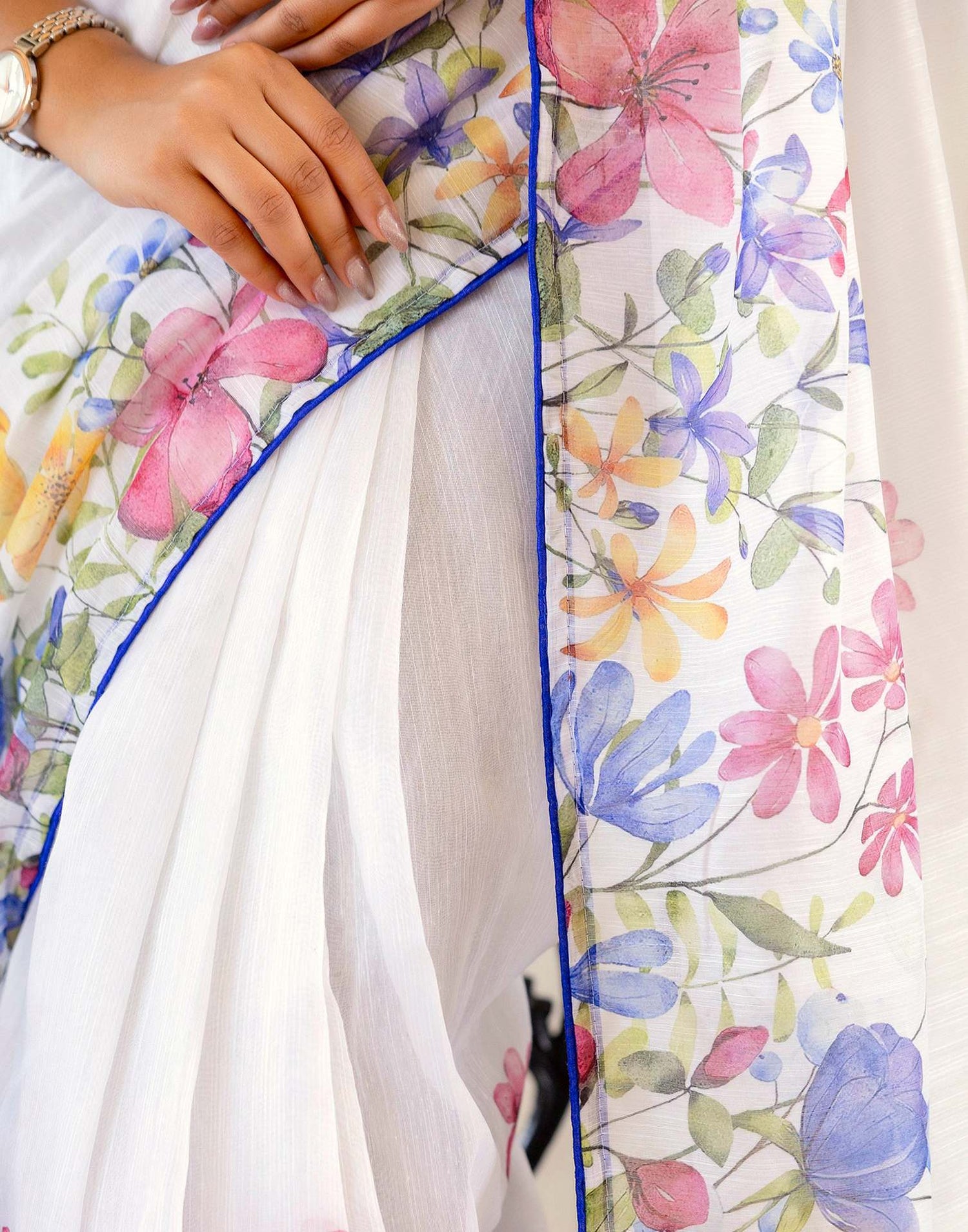 Ready To Wear White Cotton Floral Printed Saree