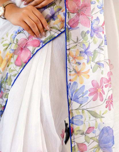 Ready To Wear White Cotton Floral Printed Saree
