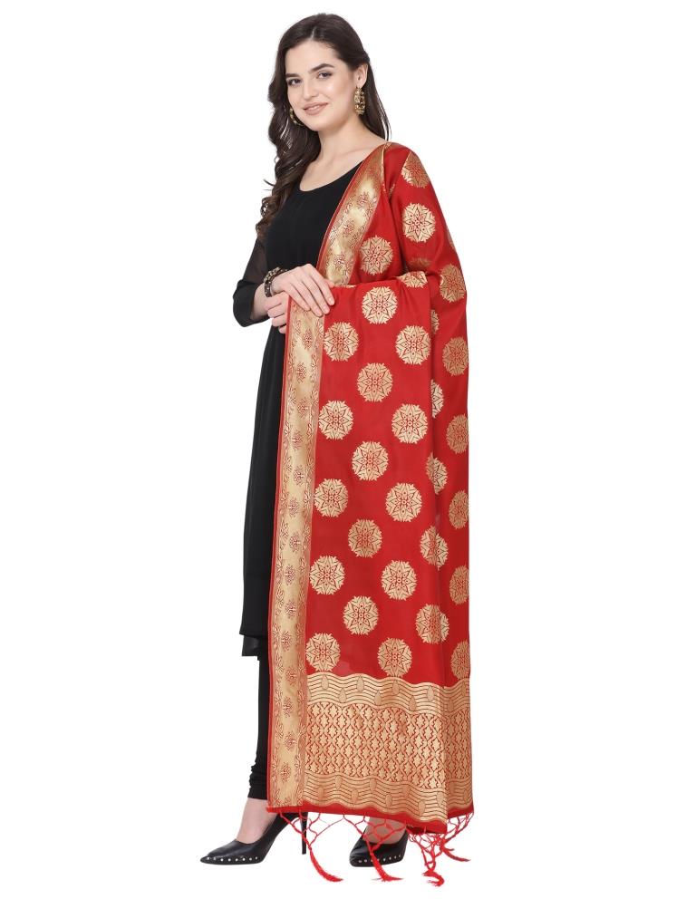 Sleek Red Coloured Poly Silk Jacquard Banarasi Dupatta | Sudathi