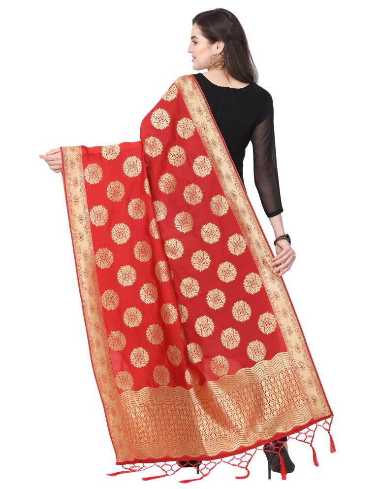 Sleek Red Coloured Poly Silk Jacquard Banarasi Dupatta | Sudathi