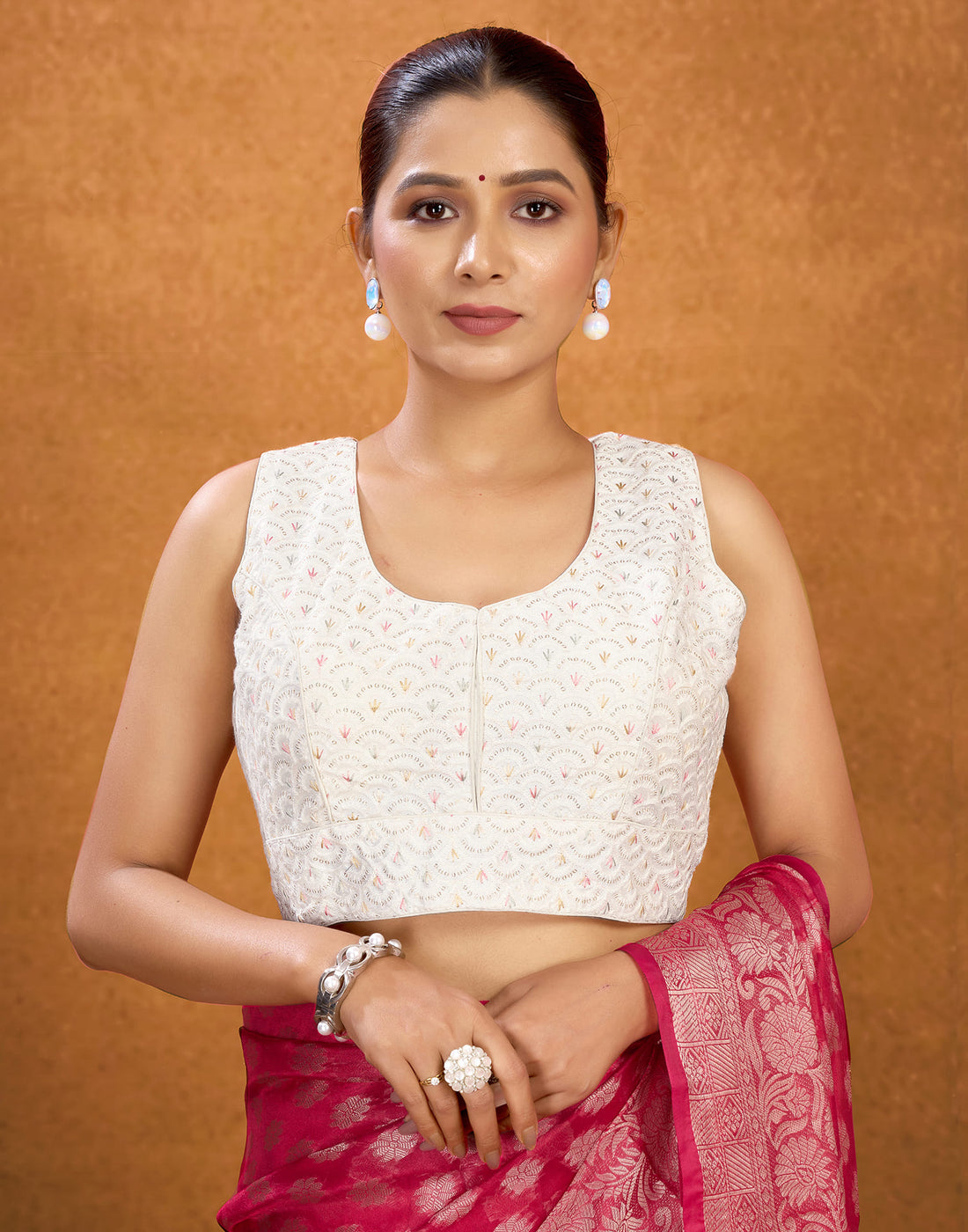 White Silk Sequence Embroidery Blouse