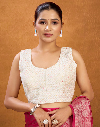 White Silk Sequence Embroidery Blouse