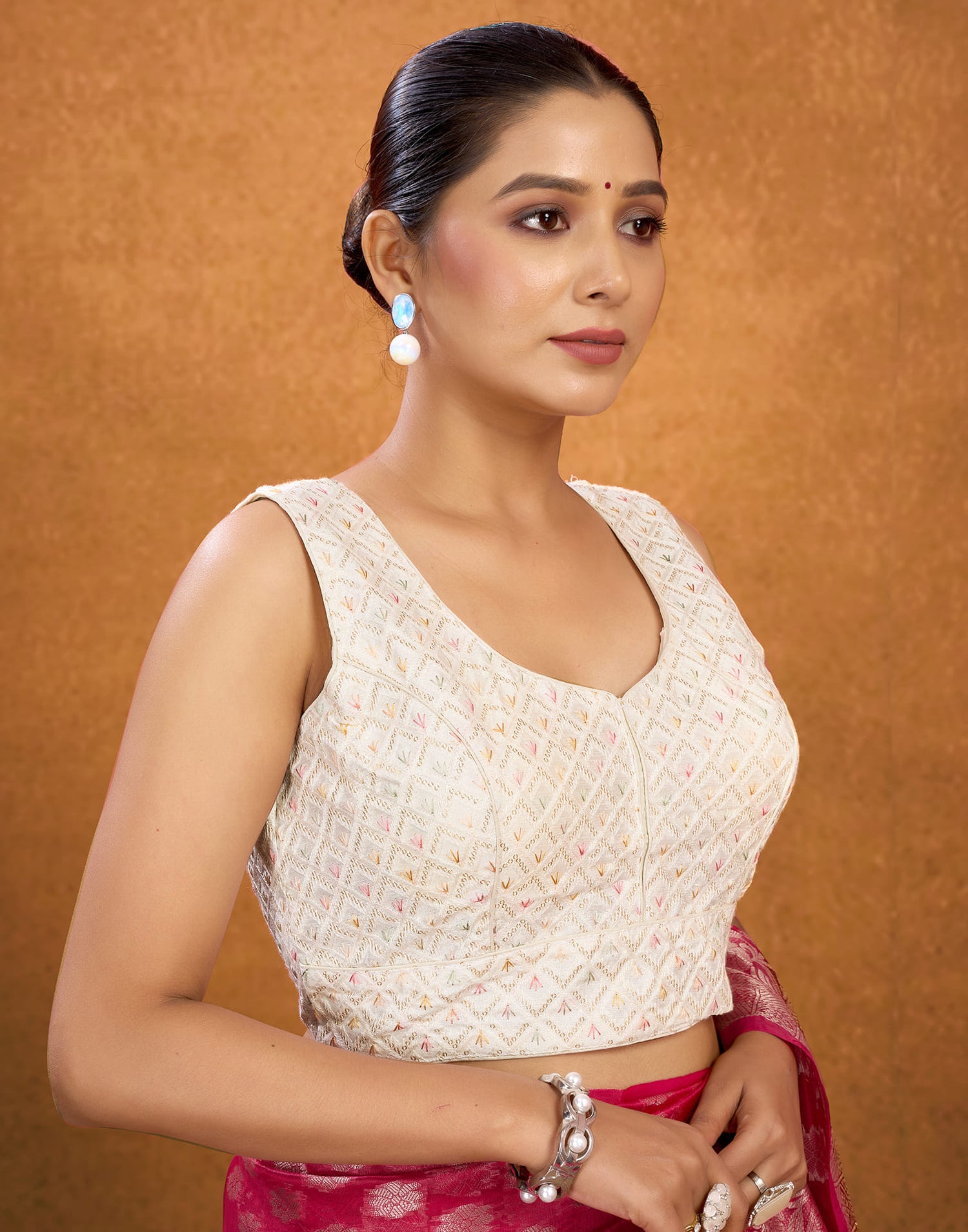 White Silk Sequence Embroidery Blouse