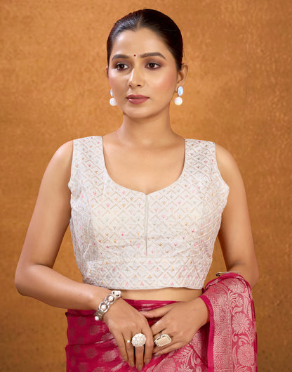 White Silk Sequence Embroidery Blouse