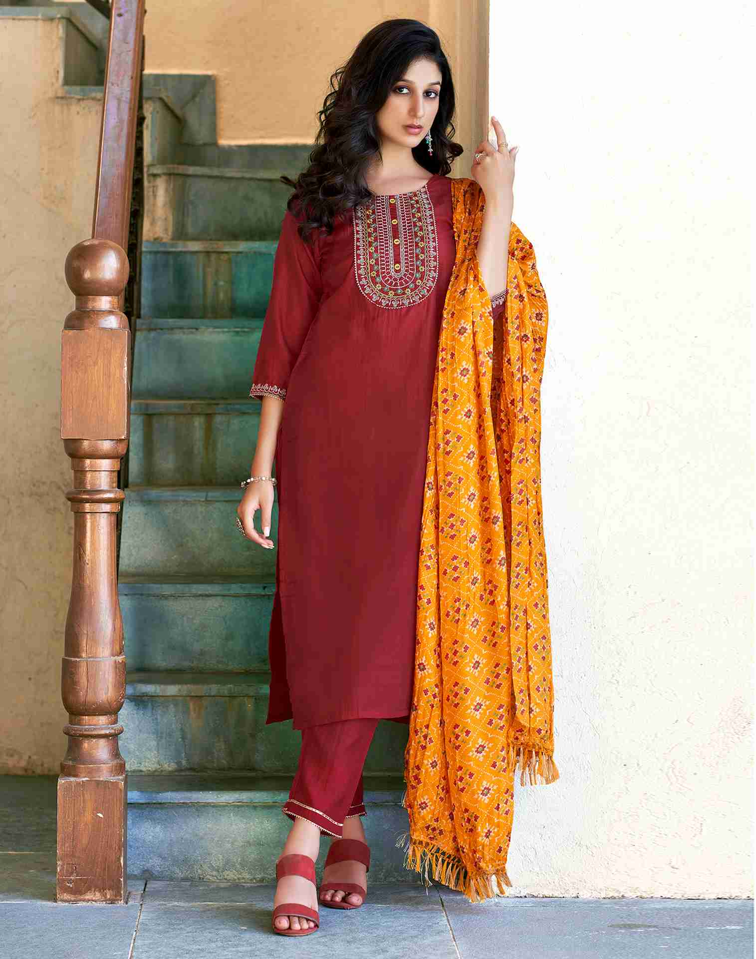 Maroon Plain Chinnon Straight Kurta With Pant And Dupatta