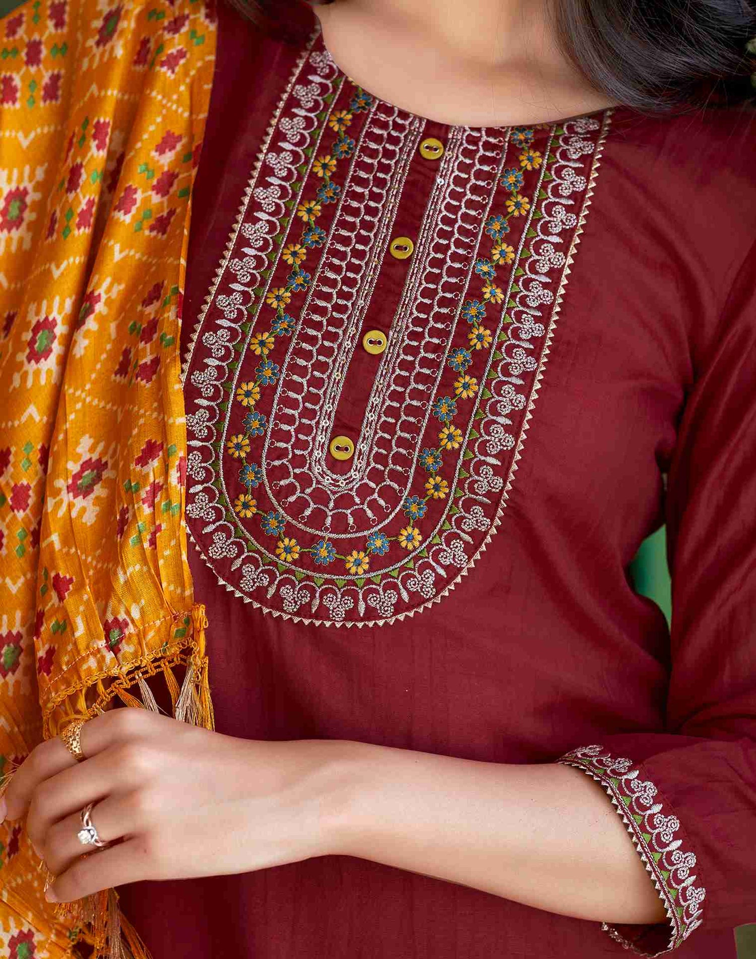 Maroon Plain Chinnon Straight Kurta With Pant And Dupatta