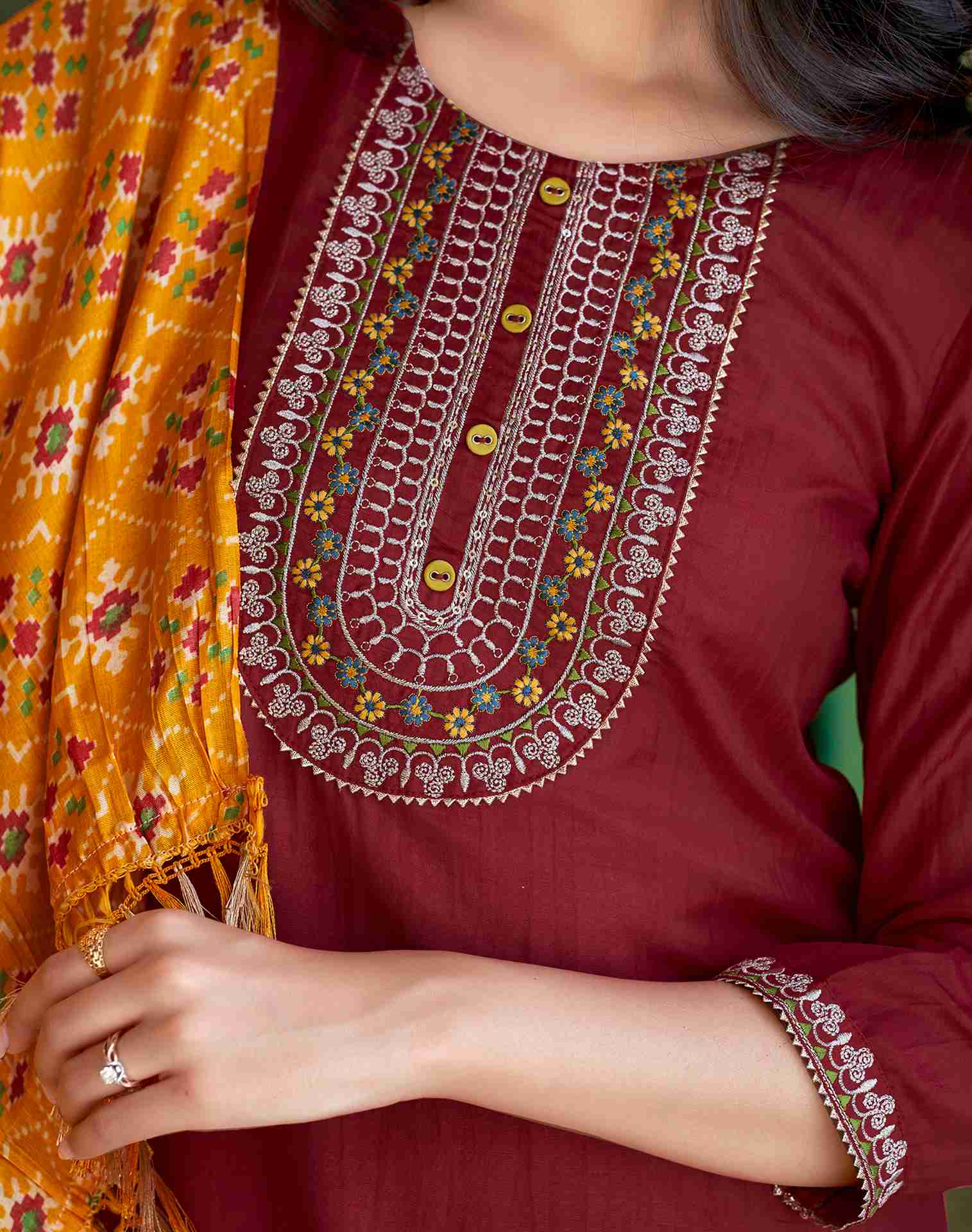 Maroon Plain Chinnon Straight Kurta With Pant And Dupatta