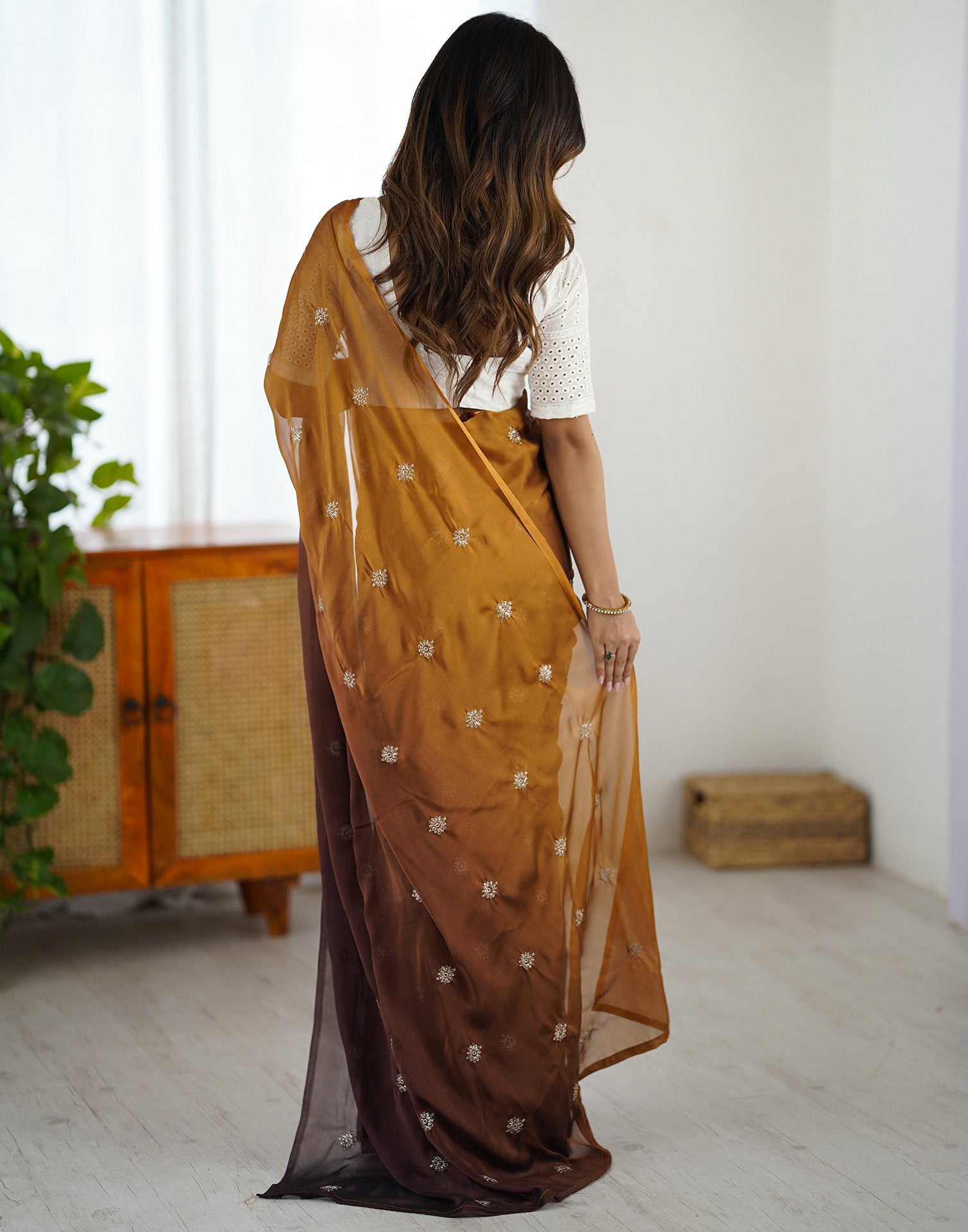 Ready To Wear Brown Silk Embroidery Saree