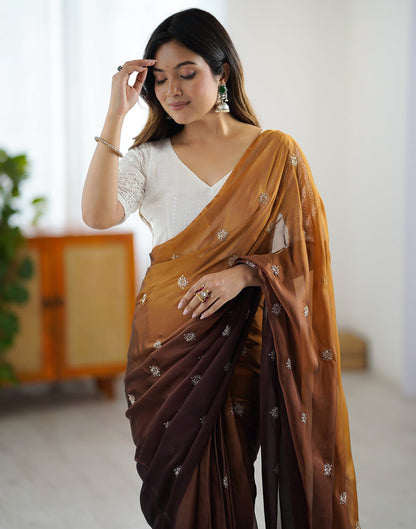 Ready To Wear Brown Silk Embroidery Saree