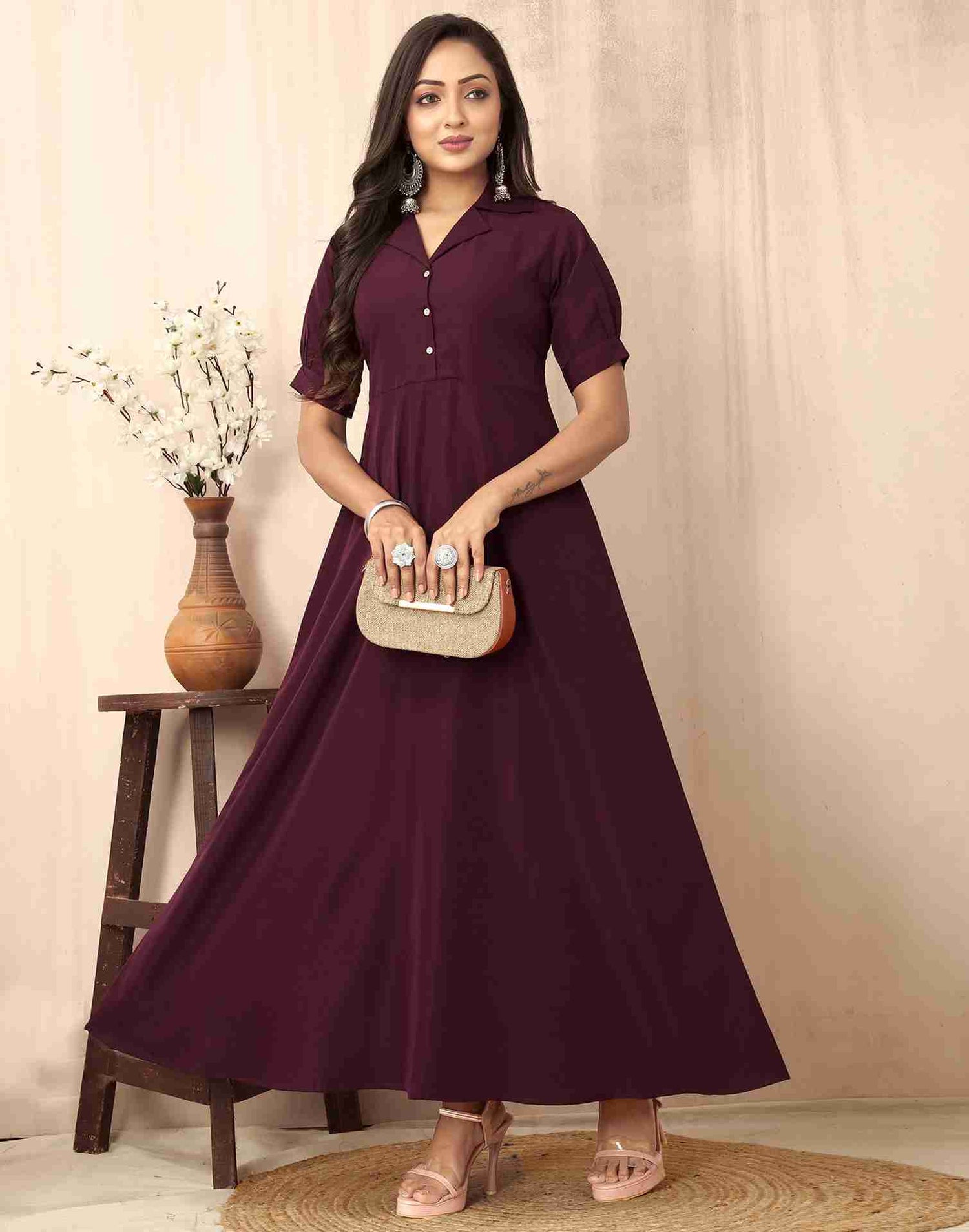 Maroon Polyester Plain Dress