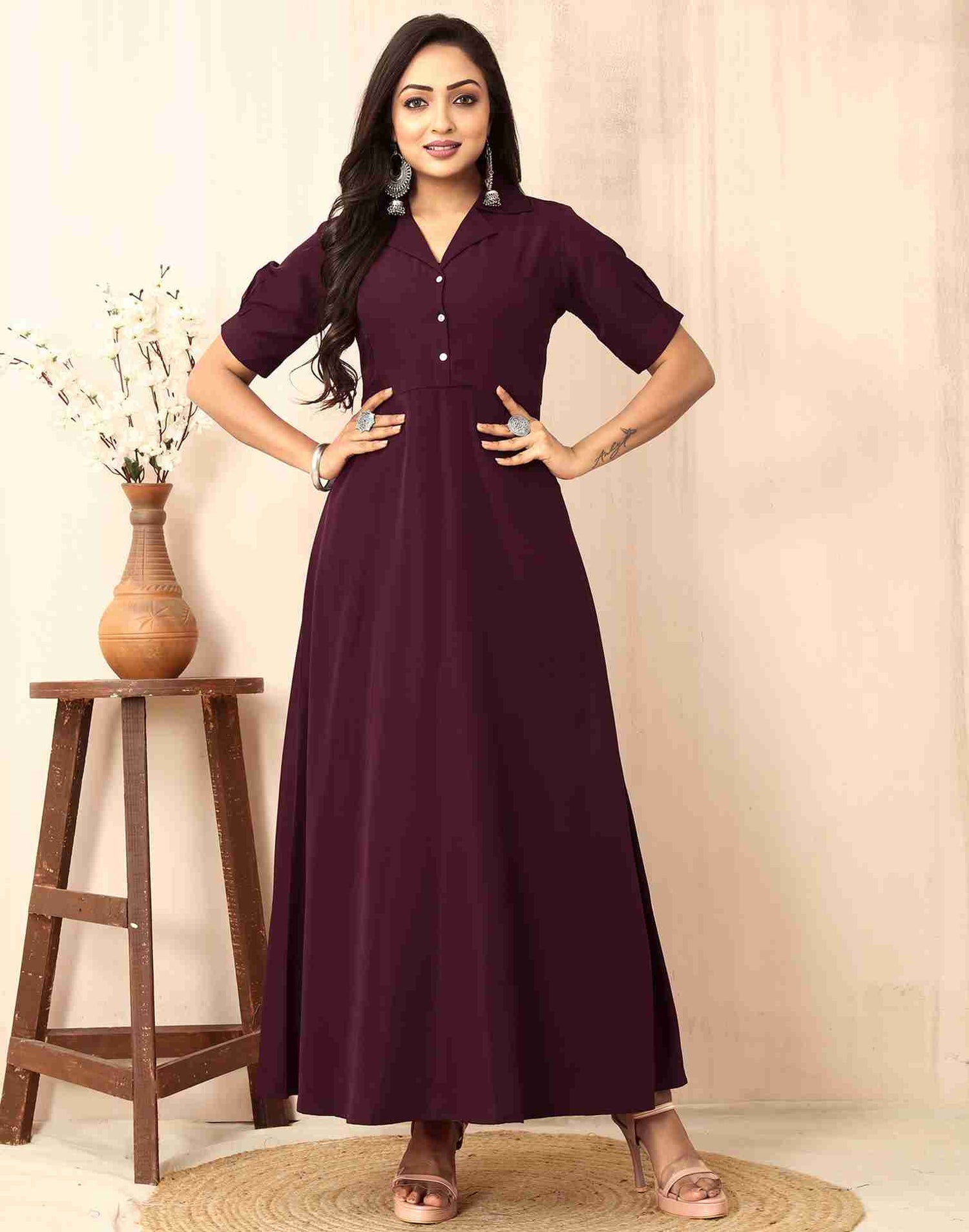 Maroon Polyester Plain Dress