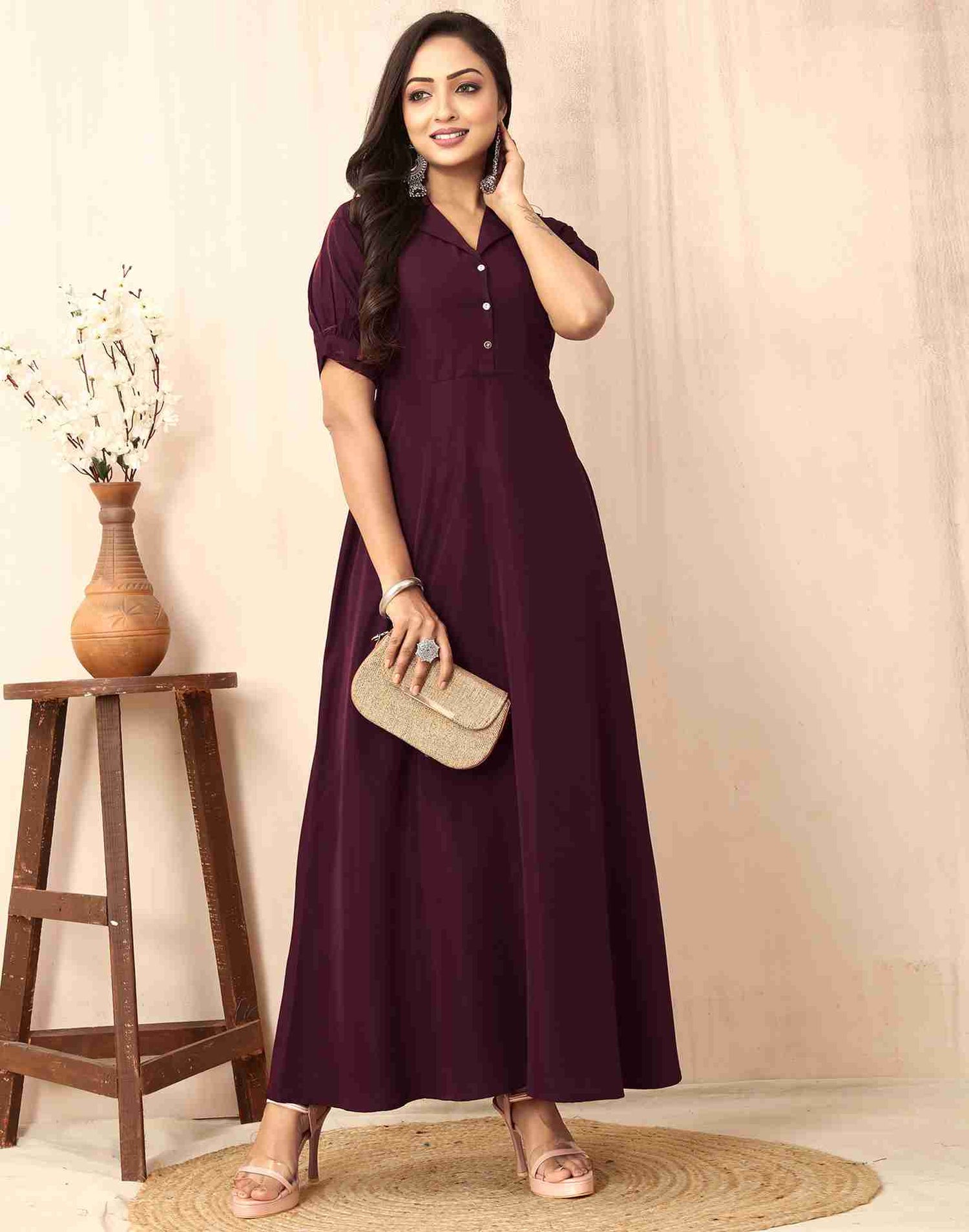 Maroon Polyester Plain Dress