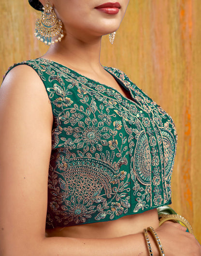 Teal Green Silk Plain Embroidery Blouse