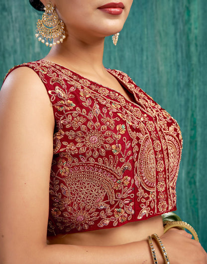 Red Silk Plain Embroidery Blouse