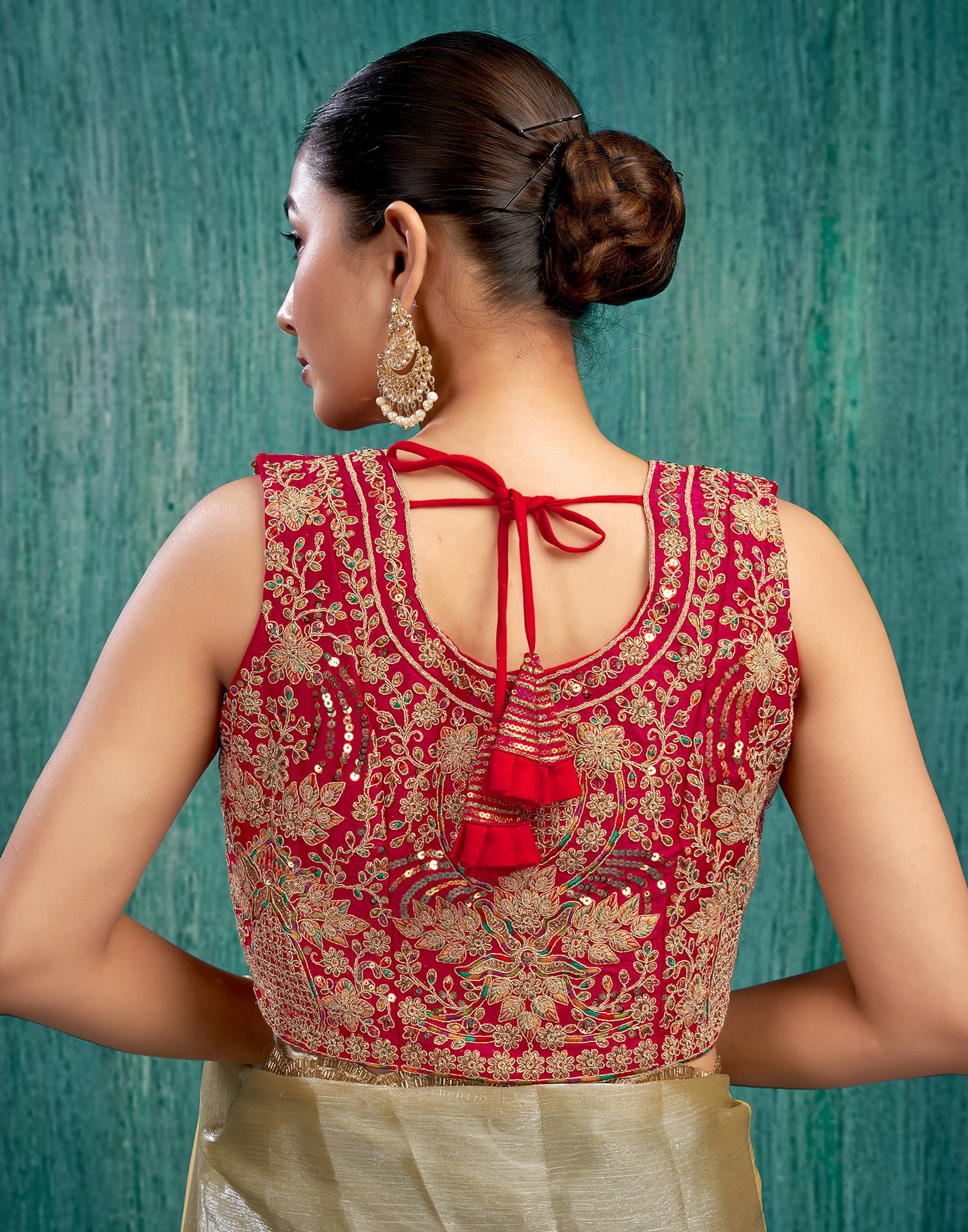 Red Silk Plain Embroidery Blouse