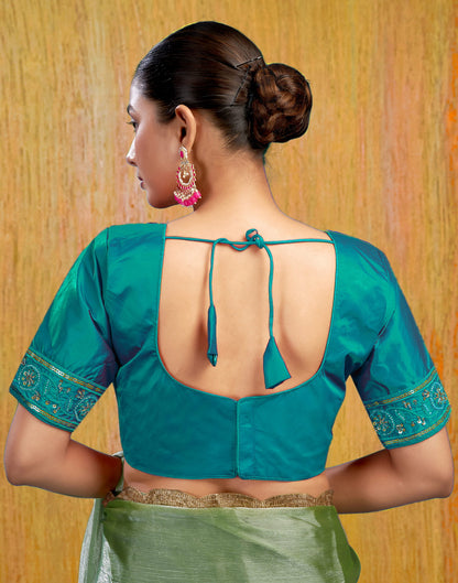 Teal Blue Silk Plain Embroidery Blouse