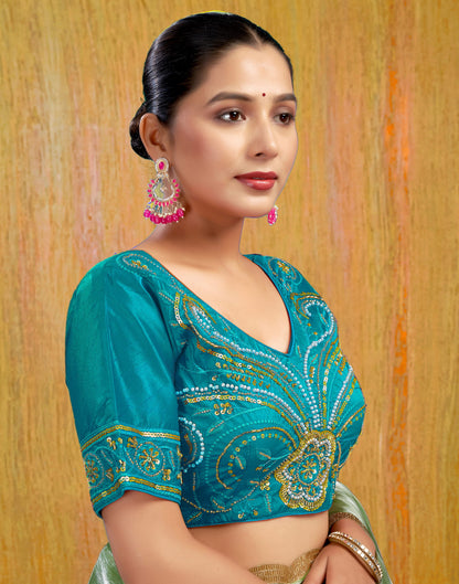 Teal Blue Silk Plain Embroidery Blouse