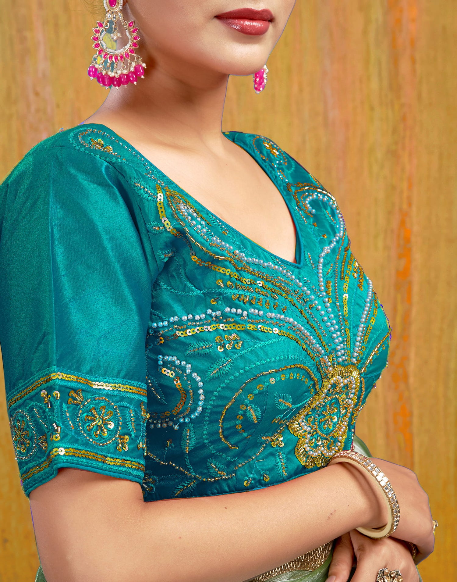 Teal Blue Silk Plain Embroidery Blouse