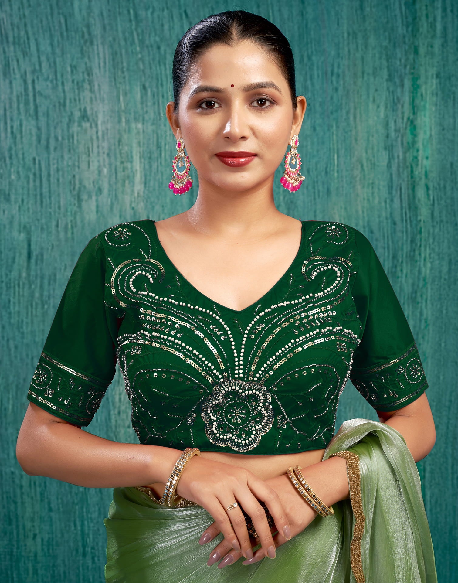 Green Silk Plain Embroidery Blouse