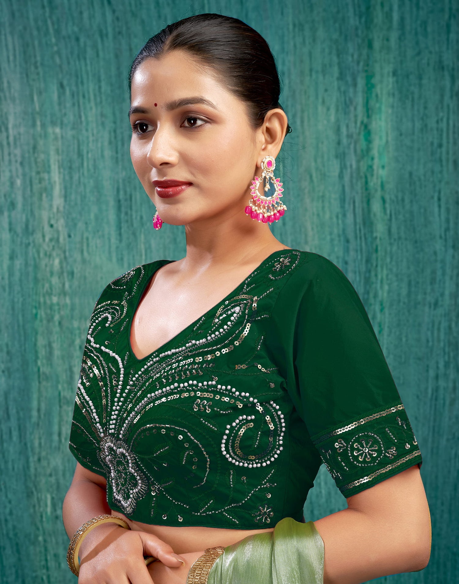 Green Silk Plain Embroidery Blouse