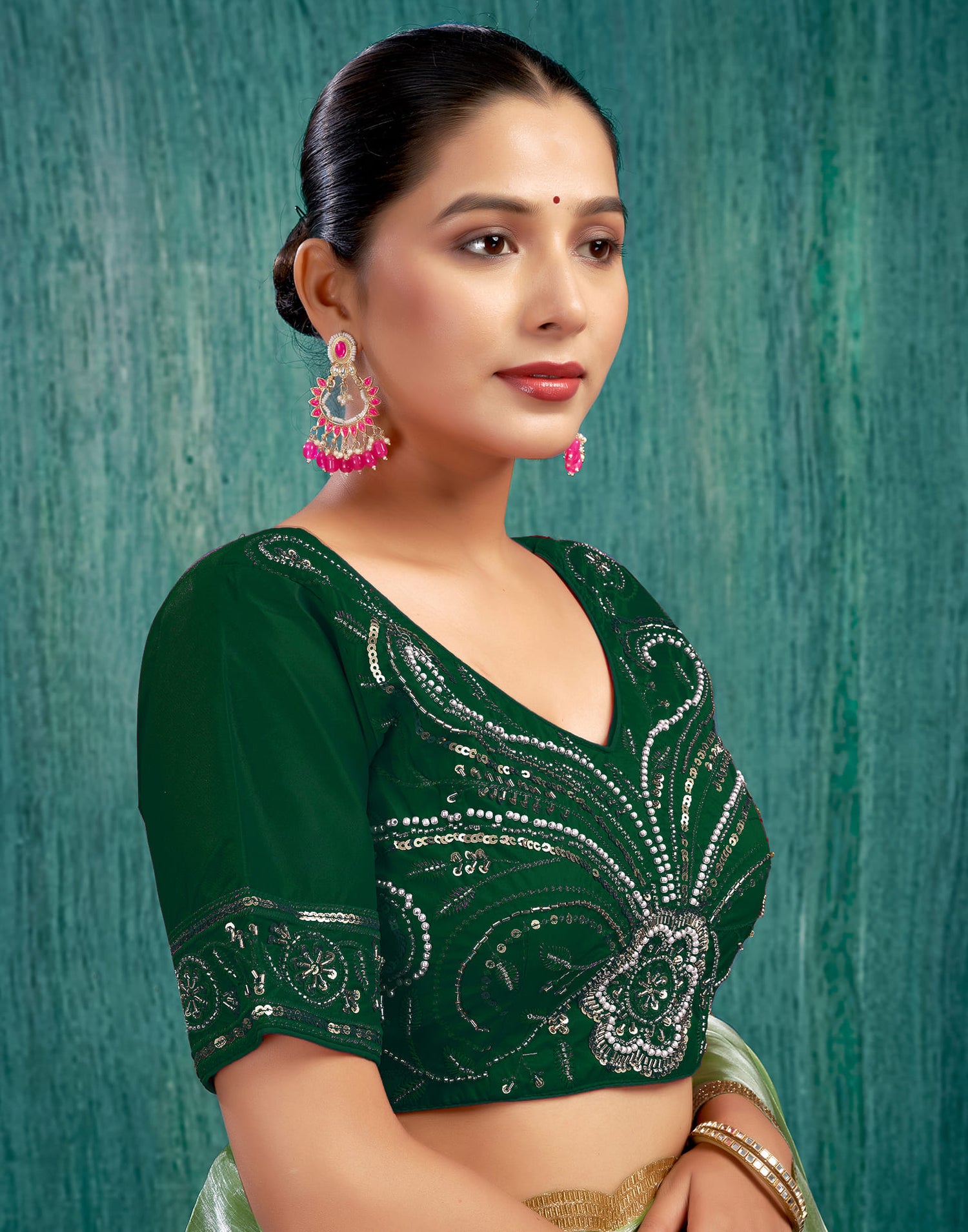 Green Silk Plain Embroidery Blouse