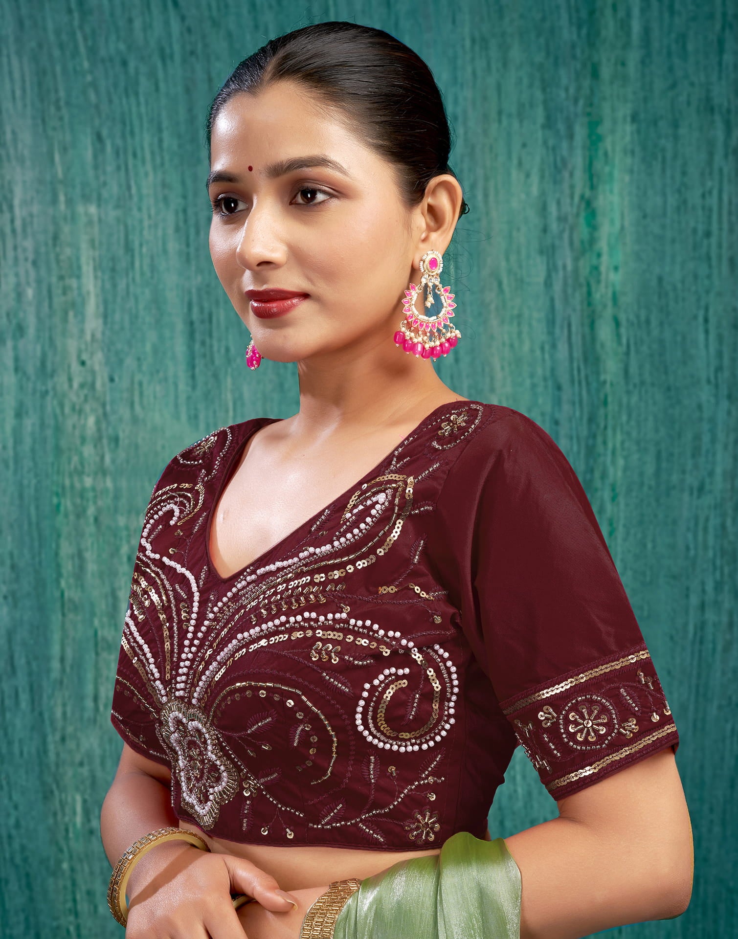 Maroon Silk Plain Embroidery Blouse