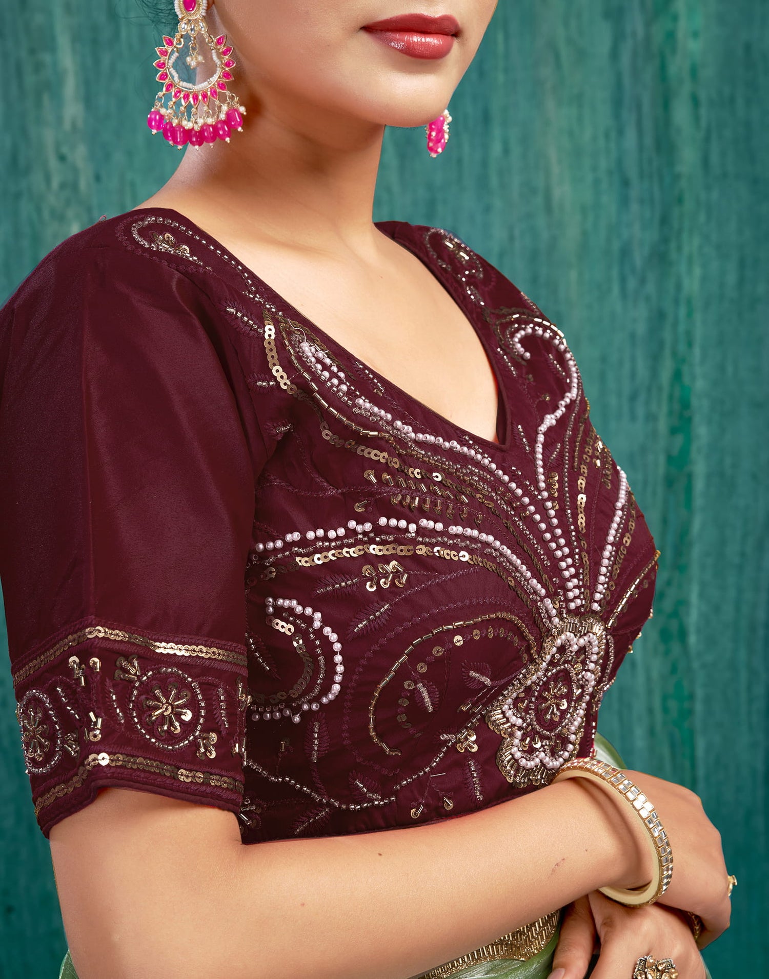 Maroon Silk Plain Embroidery Blouse